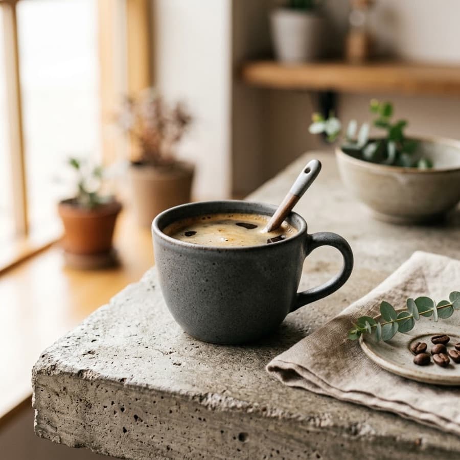 Nano Banana Pro sample — ceramic coffee cup on a concrete table soft window light