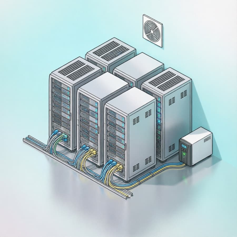 Qwen-Image 2.0 sample — isometric data center clean vector style