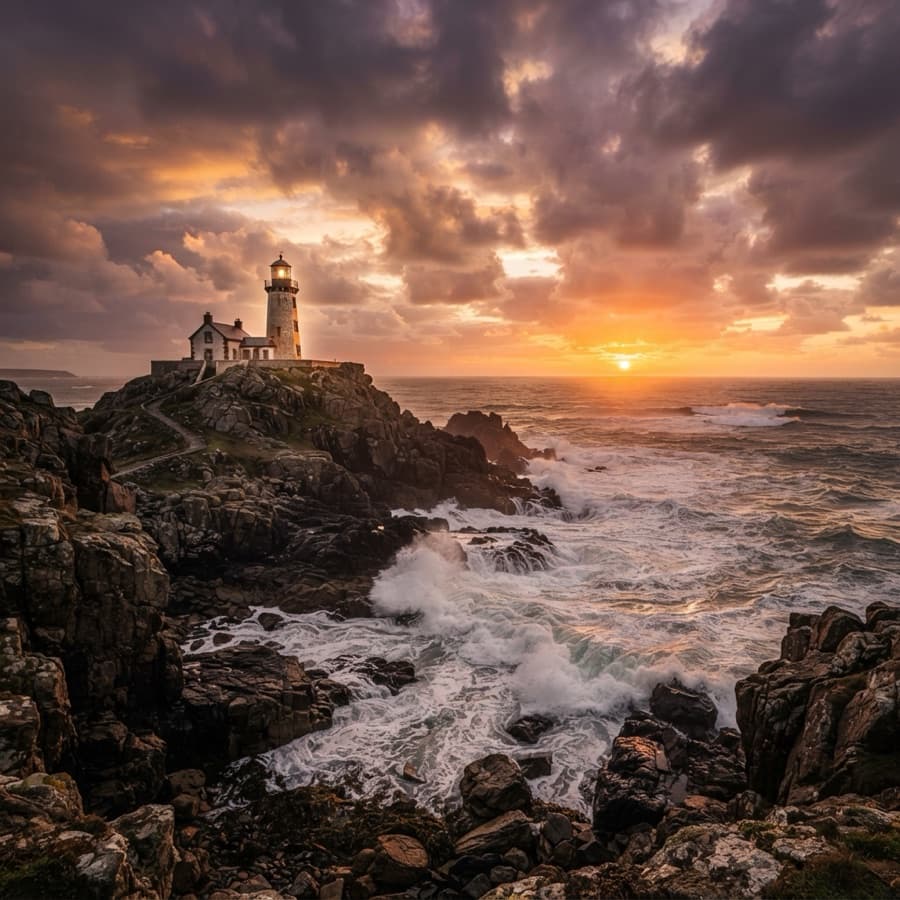lighthouse on a rocky coast at golden hour — Nano Banana
